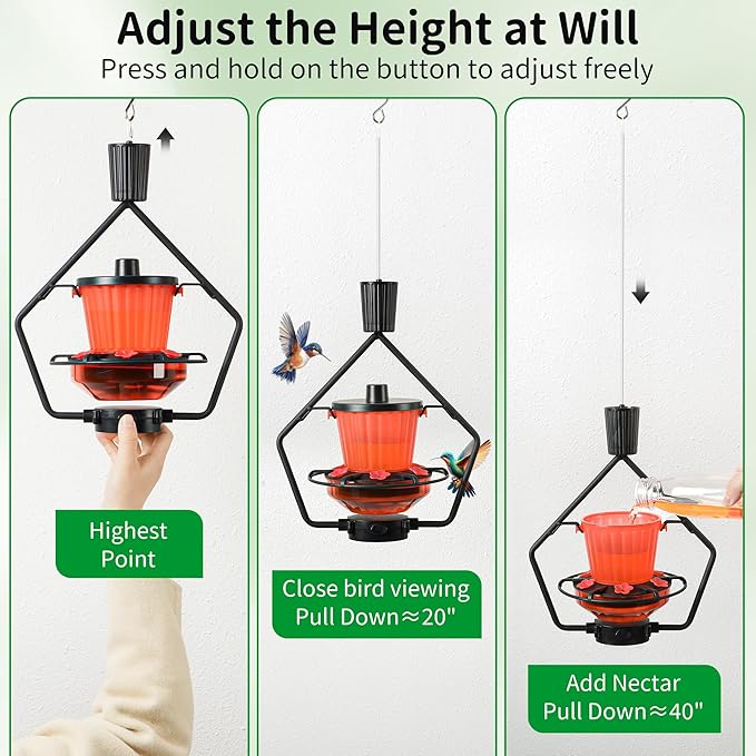 WROSWT Retractable Hummingbird Feeder, 19oz Top-Fill Wide Mouth with Height Adjustment, UV-Resistant ASA Plastic, 100% Leak-Proof Base& Dishwasher Safe Feeders for Outdoor Hanging, Red