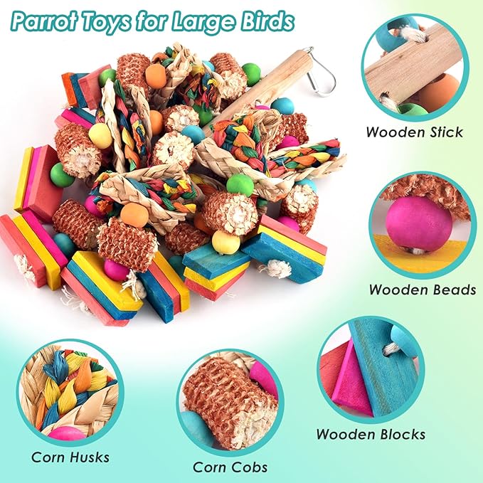 DBNESS 2 Pcs Large Bird Toys, Natural Corn Cob Parrot Chew Toy, Multicolored Leaf-Shaped Chewing Wood Blocks for Large and Medium-Sized Macaws, Cockatoos, Amazon Parrots, African Grey