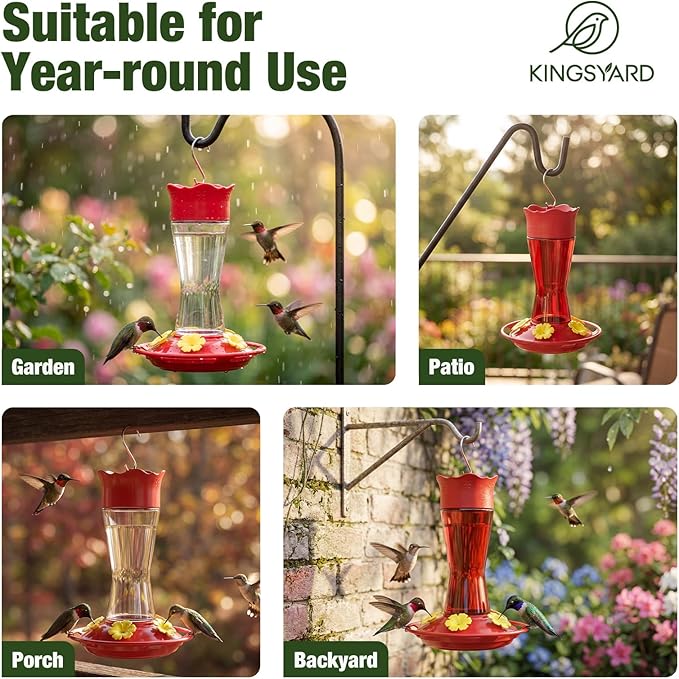 Kingsyard Glass Hummingbird Feeder for Outdoors Hanging, 10 oz Leak-Proof Humming Bird Feeders with Ant Moat & Bee Proof Feeding Ports, Hummingbird Gift for Bird Lovers (Clear)