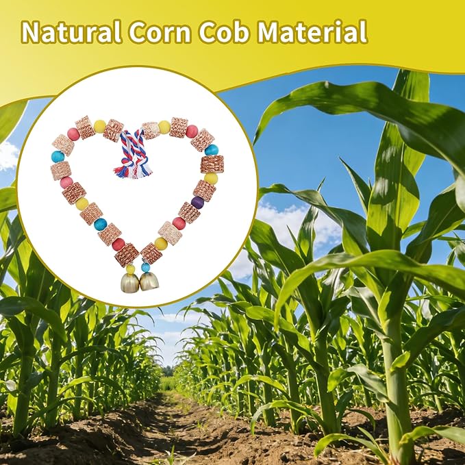 2 Pack Chew Toys for Birds, Parrot Toys with Colorful Beads Natural Corn Cob and Metal Bell, Bird Toys, Cage Accessories for Budgies, Cockatiels, Lovebirds, Green Cheeks, Small to Medium Birds