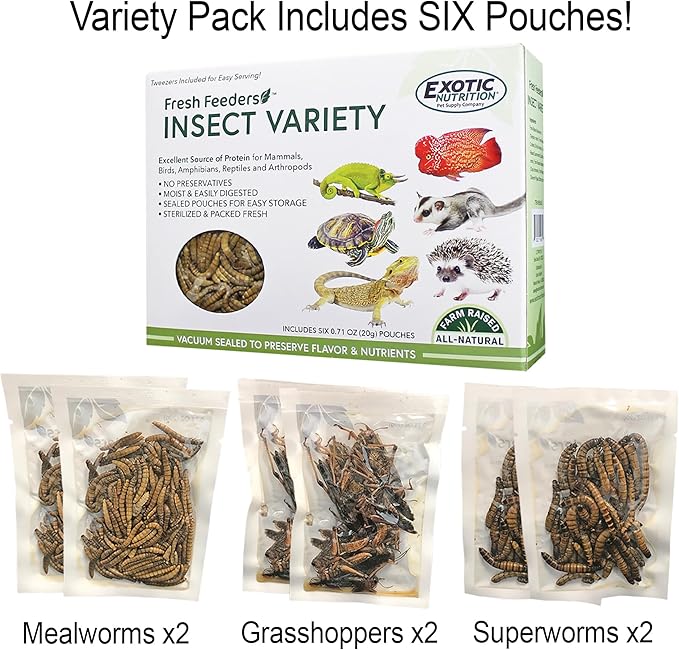 Fresh Feeders (Insect Variety) - All Natural High Protein Insect Treat - Single Serving Pouches - Chickens, Wild Birds, Hedgehogs, Bluebirds, Reptiles, Sugar Gliders, Opossums, Skunks, Lizards