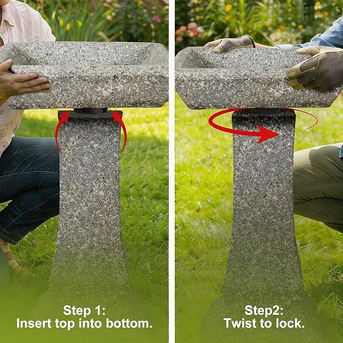 SKYFIRE 22.8" Tall Square Bird Bath, Concrete Freestanding Pedestal Birdbath, Modern Granite-Look Outdoor Bird Bath Bowl for Garden, Patio, Yard & Lawn Decor - 15" Dia. x 22.8" H