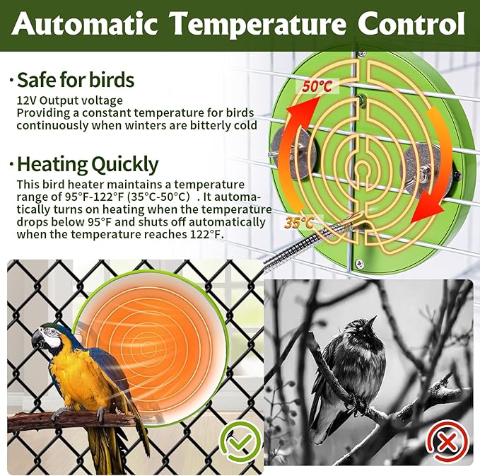 Bird Heater for Cage Thermostatical Bird Warmer Heater Pad with Mirror for Parakeets Parrot,4.7" Round,12V