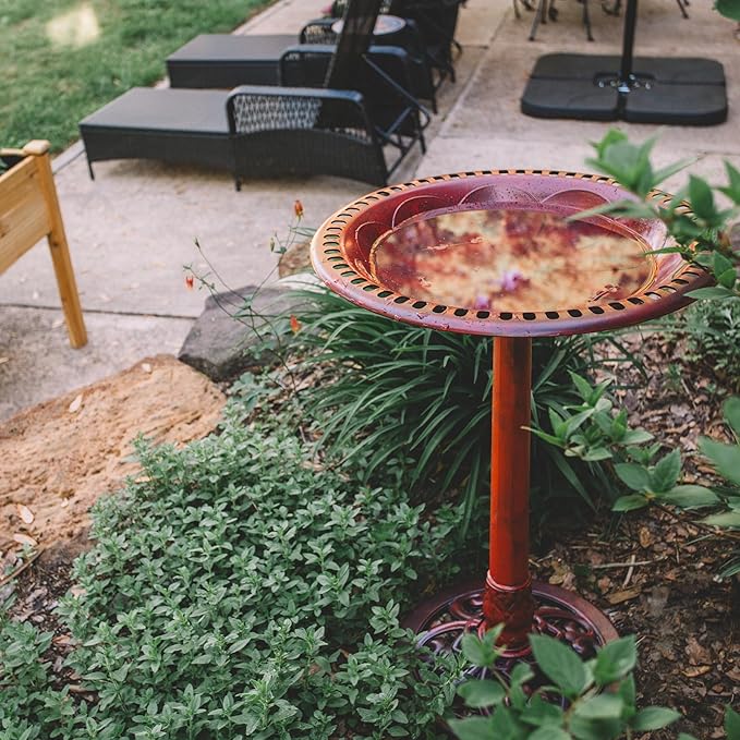 Backyard Expressions Outdoor Garden Bird Bath - Red - Weather Resistant Polyresin - 27 Inch