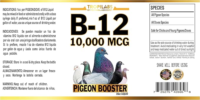 B12 B-12 Liquid 10,000 MCG Supplement for Poultry Birds, Chickens, Hens, Roosters, Pigeons, Ducks, Gooses, Turkeys & All Farm Animals 16oz Vitamin Drinking Water Additive (Pigeon Booster)