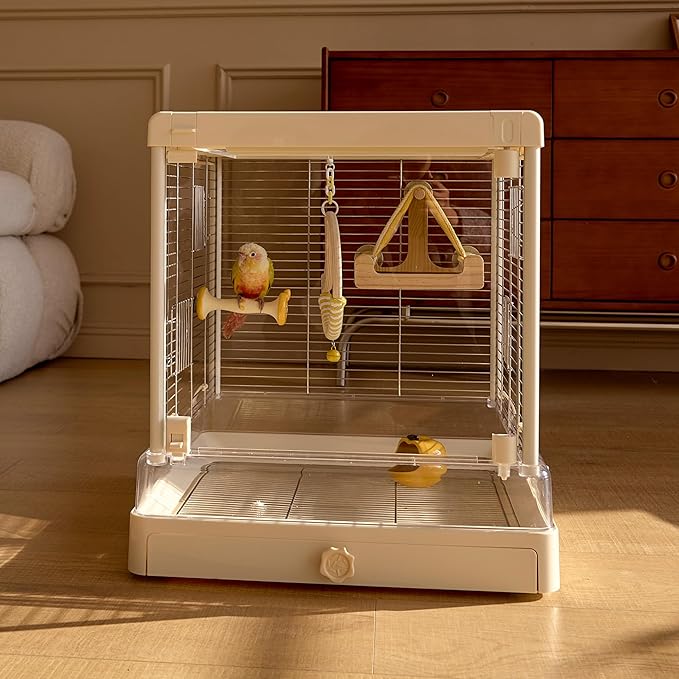 Natural Bird Swing - Moon-Shaped Parrot Perch with Bell and Cork Toys, Spinning Wooden Stand for Parakeets, Budgies, Lovebirds and Small/Medium Birds (White + Yellow)