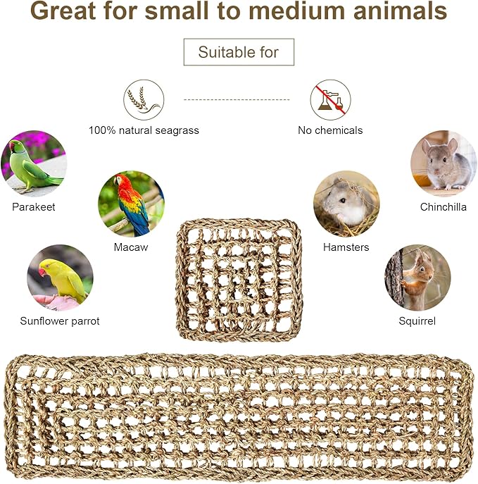 2Pcs Natural Sea Grass Parrot Mat - Foraging Chew Wall Toy with Climbing Rope & Hook, Hanging Play Pad for Lovebirds/Cockatoos/Budgerigars/Conures/Pigeons | 2 Sizes29.53x6.89 &7.48x7.48 Inches