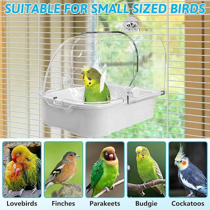 Tfwadmx Bird Cage Bath Hanging Parrot Bath Tub Water Shower Food Feeder Holder Tray Bird Bath Supplies for Small Birds Canary Budgies Cockatiel Lovebirds (White)