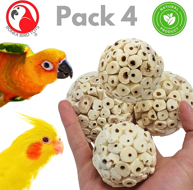 Bonka Bird Toys 2354 Pk4 Small Sola Atta Ball, 1.75"-2" Diameter, Soft Natural Sola Plant Material, Ideal Chew and Foot Toy for Conures, Ringnecks, Parakeets and Similar Breed Sizes