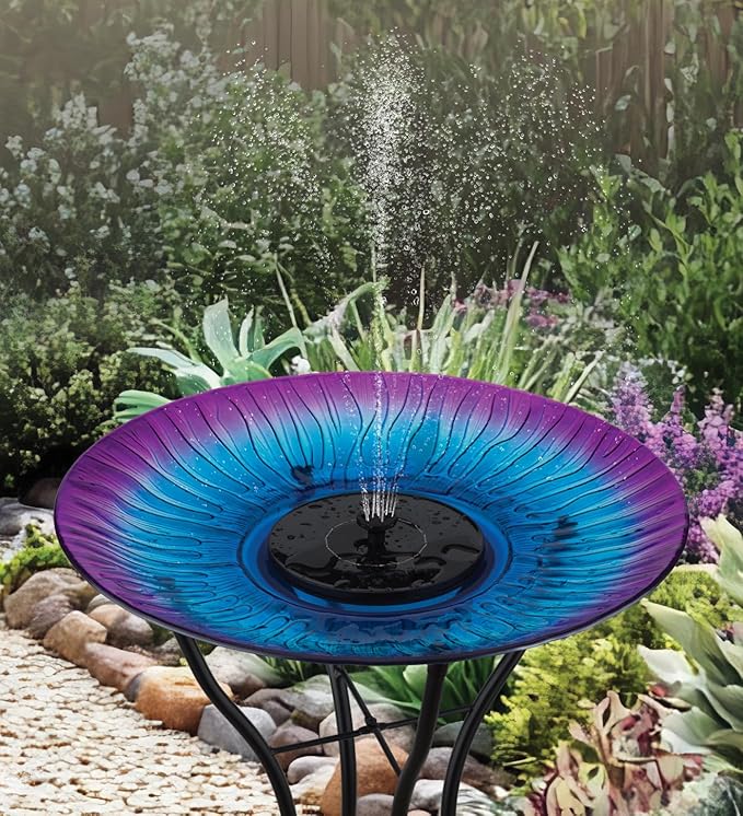 Regal Art & Gift 23" Bird Bath with Fountain - Durable Glass Bowl with Heavy-Duty Metal Stand, Easy to Fill, Ideal for Patio, Porch & Garden Décor - Purple