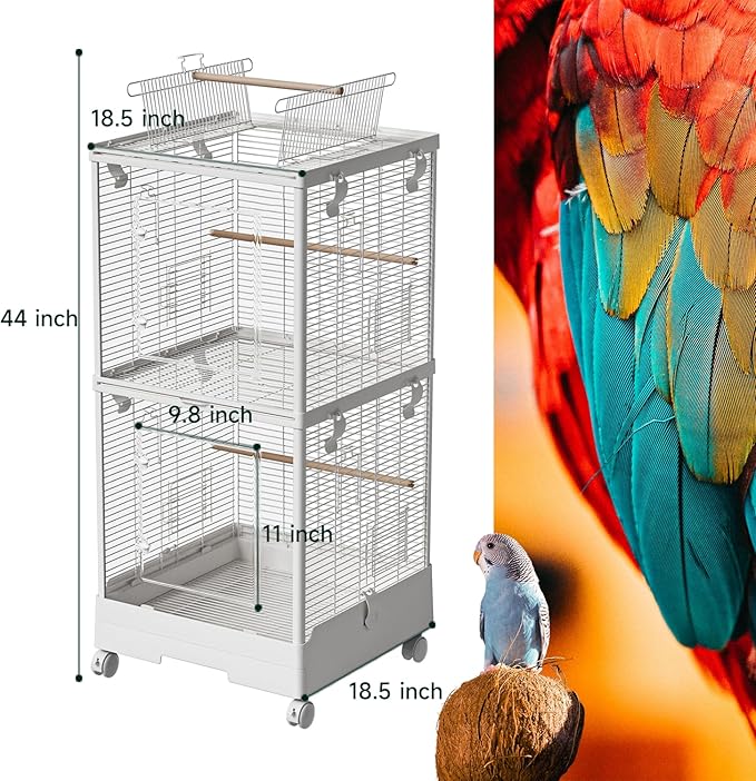 40 Inch Medium Small Bird Double Cage for Parrot Lovebirds Finches Canaries Parakeets Cockatiels Budgie Parrotlet Conures, w/Detachable Standing Perches, Snow White
