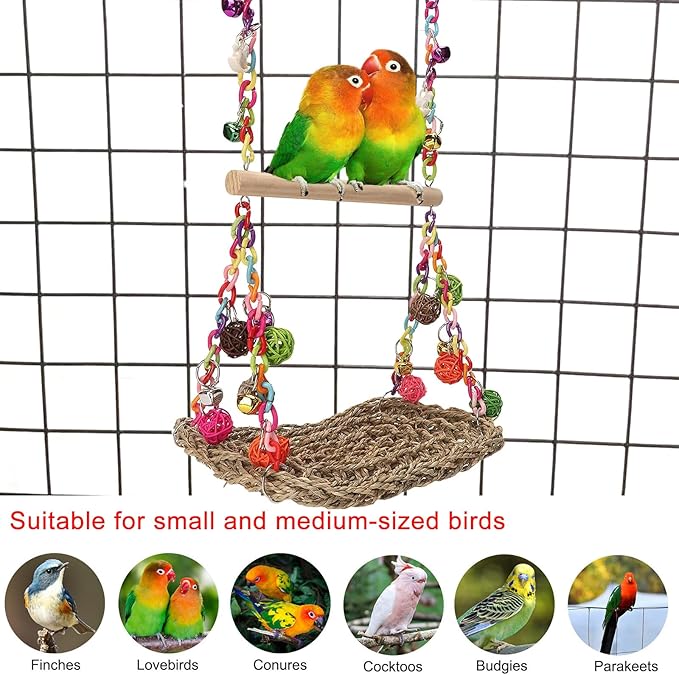 FrgKbTm Bird Swing Toys with Wood Perch, Seagrass Woven Parrot Platform Bird Climbing Hanging Hammock Bird Perch Stand Chewing Toy for Parakeets,Budgie, Conure, Cockatiel,Lovebird