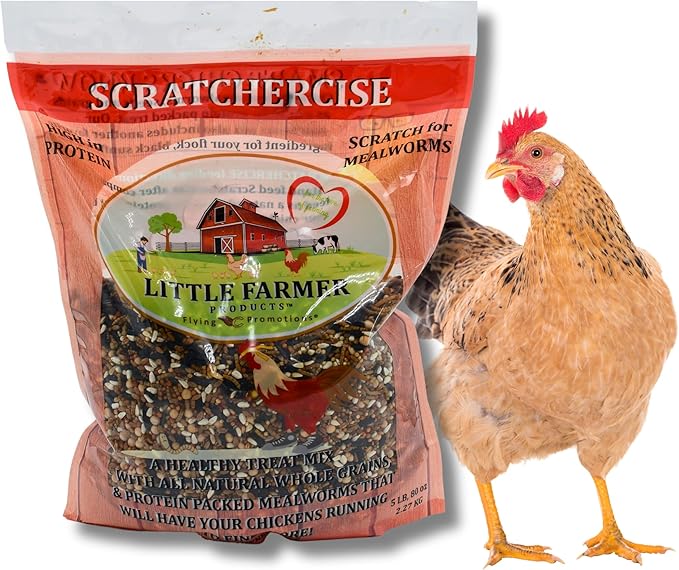 SCRATCHERCISE Premium Chicken Poultry Free-Range Scratch Treat Mix | Wheat, Milo, Peas, Sunflower, Safflower, Flax, Mealworms (5 lbs)