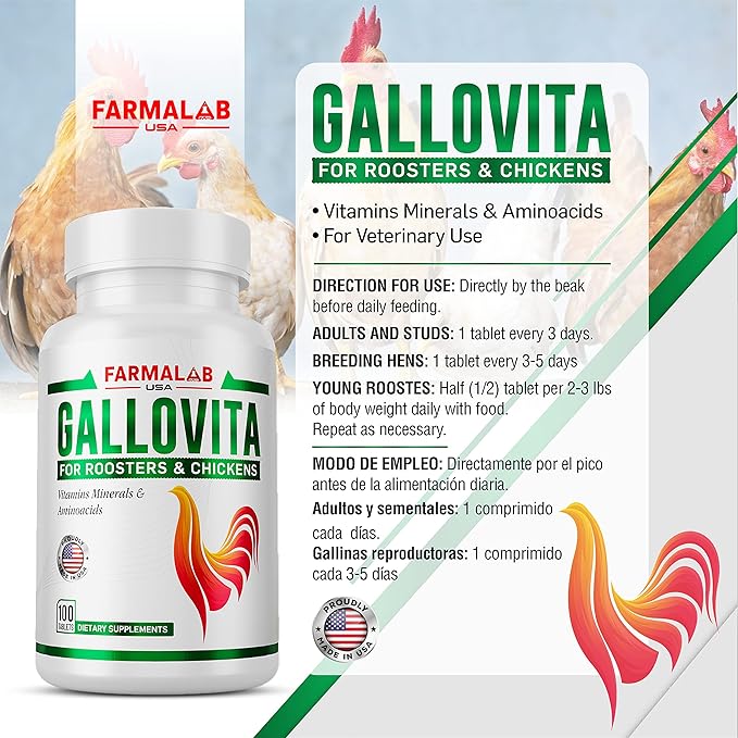 GALLOVITA for Roosters 100 Tablets Vitamins Minerals Aminoacids for Rooster Hens Chickens Gamefowl