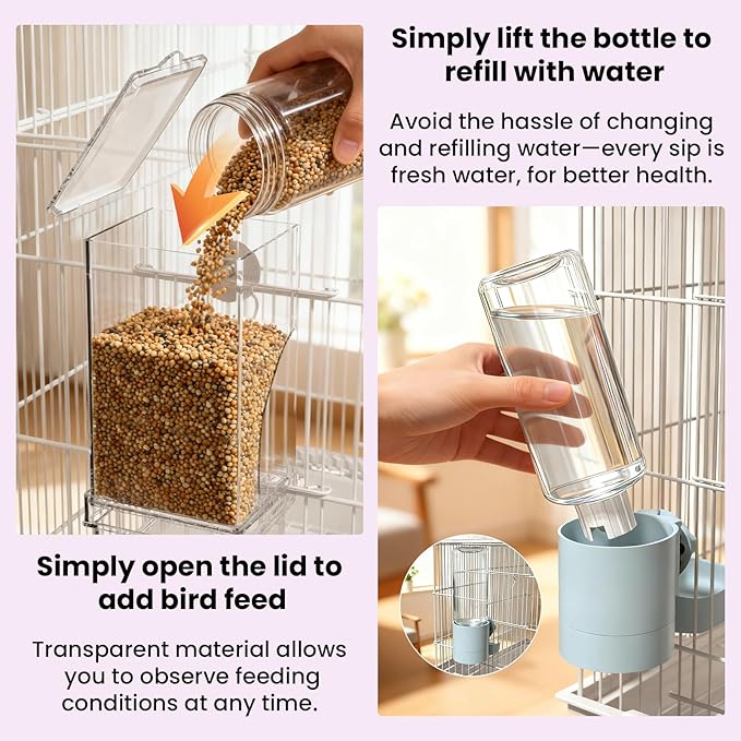No Mess Bird Feeder Water Dispenser Set,Automatic Parakeet Feeder Cage Accessories,Parrot Transparent Food Container Drinker for Cage,Canaries Budgies Lovebirds Cockatiels Finches (Blue)