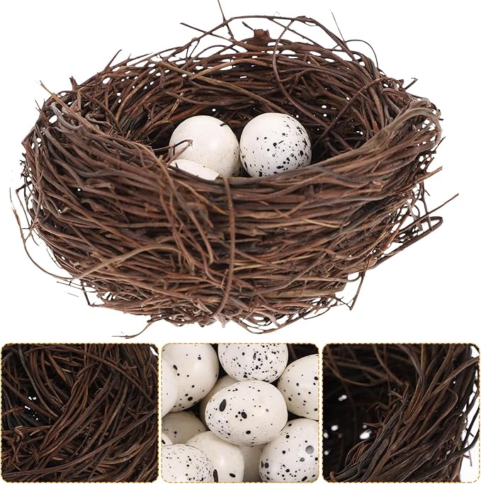 PRETYZOOM Artificial Bird Nest Decor Set with 4 Rattan Nests & 12 Speckled Eggs, 3.93 x 3.93 x 1.96 in, Realistic Nature-Themed Easter Party Favors, DIY Crafts & Home Office Decoration