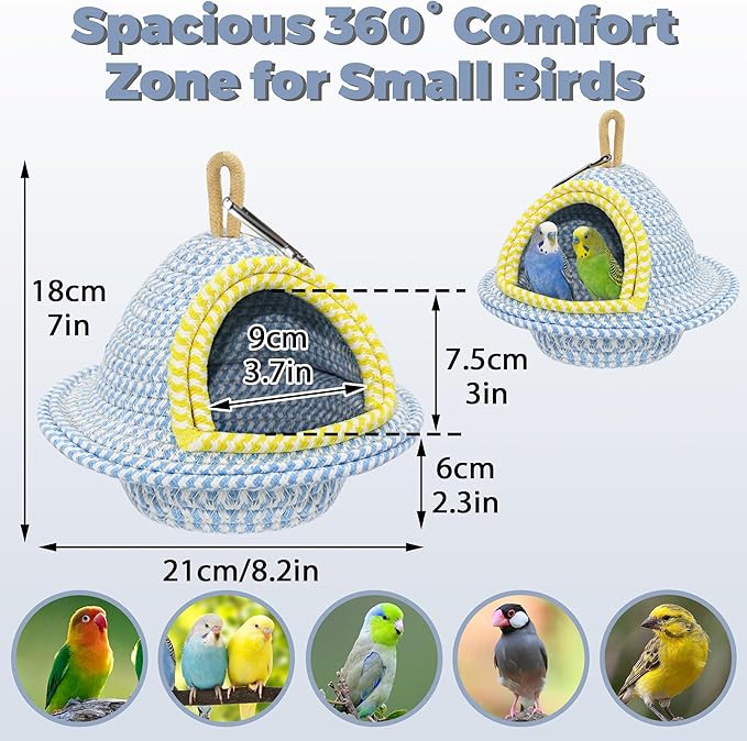 Natural Hand-Woven Cotton Bird Nest for Cage, Dual-Mount Sturdy Cozy Parrot Nest Bed & Breeding House, Hanging Bird Hut for Budgie, Lovebird, Small Bird Sleeping Bed Hideout & Shelter with Hooks