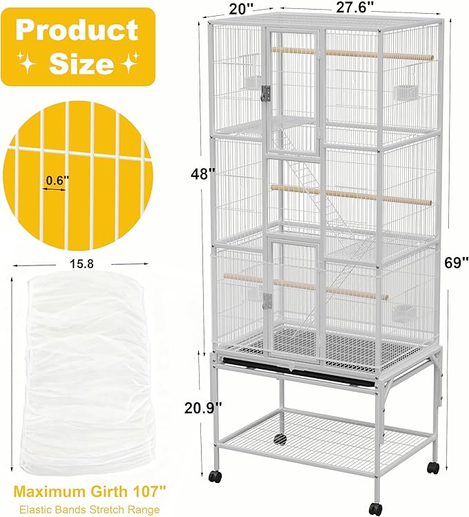 69 inches Bird Cage with Dust Cover, Birdcages with Rolling Wheels, Large Bird Cages for Cockatiels Quaker Conure Parakeet Lovebird Finch Canary Small Medium Parrot Cage Birdcage, White
