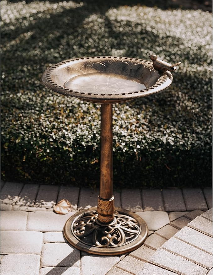 Backyard Expressions Outdoor Garden Bird Bath with Bird - Bronze - Weather Resistant Polyresin - 30 Inch