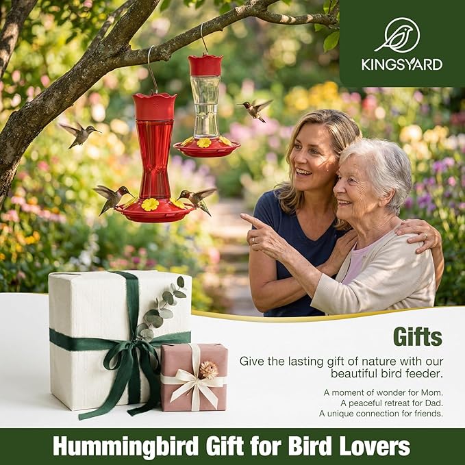 Kingsyard Glass Hummingbird Feeder for Outdoors Hanging, 10 oz Leak-Proof Humming Bird Feeders with Ant Moat & Bee Proof Feeding Ports, Hummingbird Gift for Bird Lovers (Clear)
