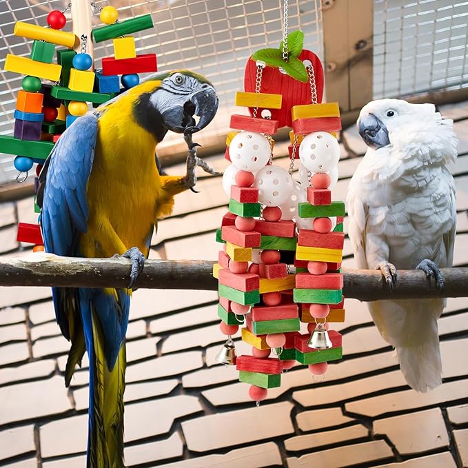 Seenelling 6 Pcs Extra Large Bird Parrot Toy Multicolored Natural Wooden Parrot Cage Chewing Toys for Large Medium Macaws Cockatoos African Grey Birds (Mixed)