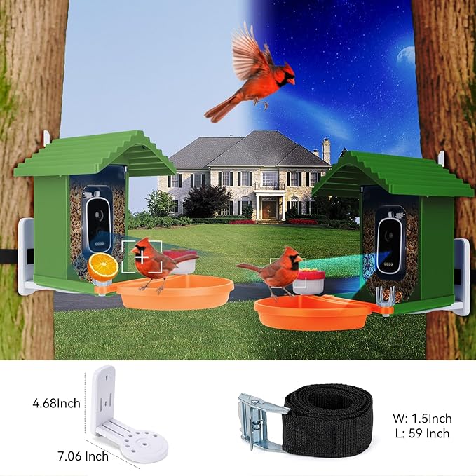 Smart AI Bird Feeder with Camera,2.5K HD Live View,Solar Powered,Instant Birds Species Recognition,Real Time Alerts,Wireless Birdhouse with Night Vision,Ideal Gift,Green