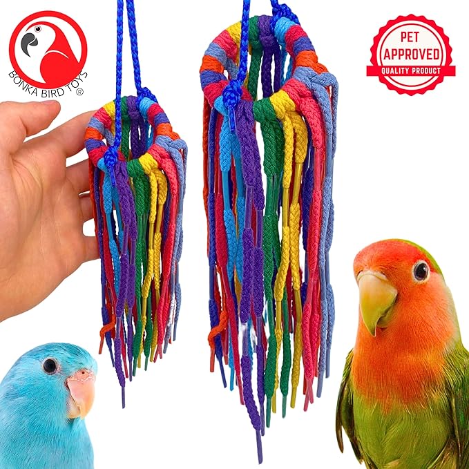 Bonka Bird Toys 51214 Small Aglet Heaven Cotton Shoelace Toy with Plastic Aglets and 2" Ring for Parakeets Cockatiels Quakers Pionus Small Bird Enrichment