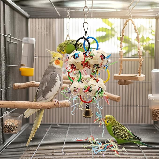 Bird Toy, Bamboo Ball Shredded Paper Parrot Foraging Tearing and Climbing Hanging Toy, Suitable for Parakeet Conure Cockatiel and Lovebird