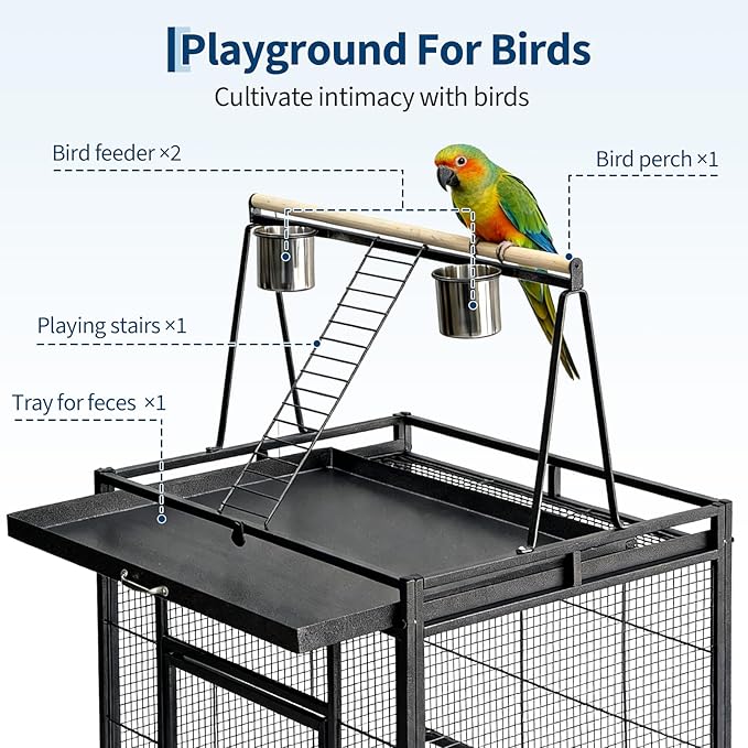 68“h Bird Cage, Large Bird Cage with Play Top, Rolling Stand for Parakeets, Cockatiels, Parrots, Budgies, Lovebirds, Small/Medium Birds
