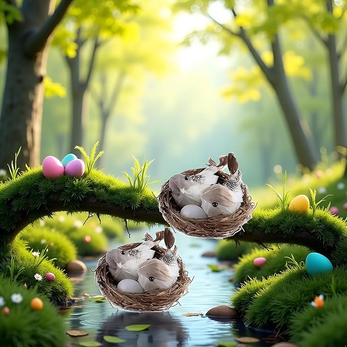 GANPUB 2Pcs Simulation Bird Nest with Bird and Eggs Decor, Fake Foam Feather Birds, Artificial Birds, for DIY Craft Tree Decoration
