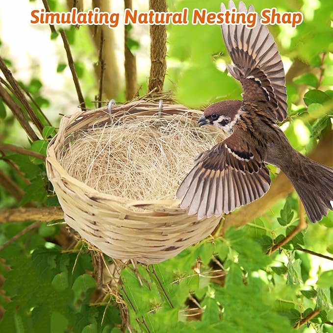 VCEPJH Handmade Bird Nest for Cage 4 Pack Bamboo Canary Breeding Nest with Hook Finch Nesting Hatching House with Fiber Liner for Littile Finch Parakeet Cockatiel Budgie