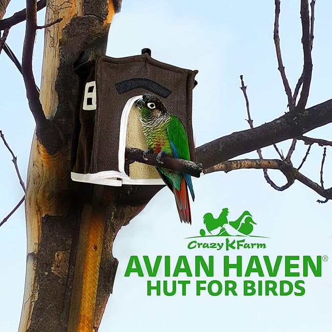 Crazy K Farm - Avian Haven Bird Hut, Comfy Bird Snuggle Hut, Plush Pet Bird Hut for Sleeping and Snuggling, Hanging Bird Cage Hut with Sherpa, Cozy Bird Cage Accessories Small, Brown