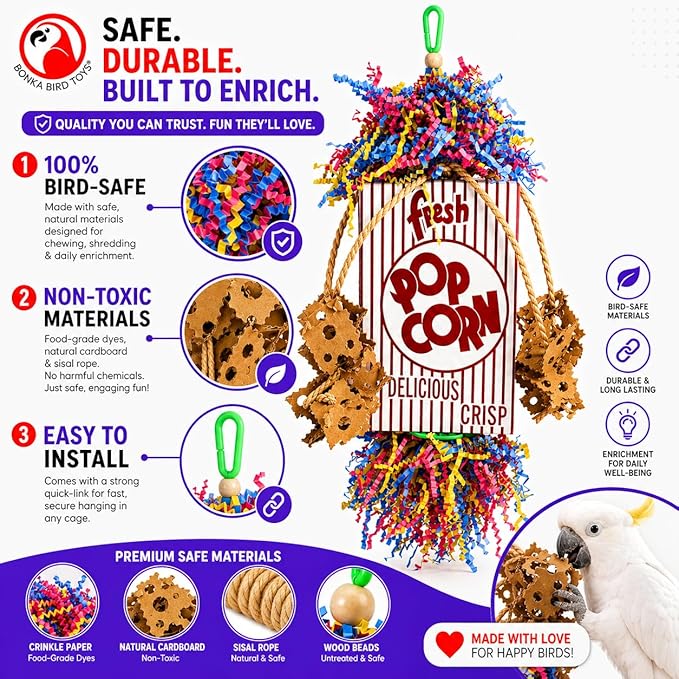 Bonka Bird Toys Popcorn Explosion Bird Toy 15" x 6" Foraging Shredding Toy for Small to Medium Birds Parakeets Cockatiels Conures Natural Paper Cardboard Hanging Cage Toy (Pack of 1)