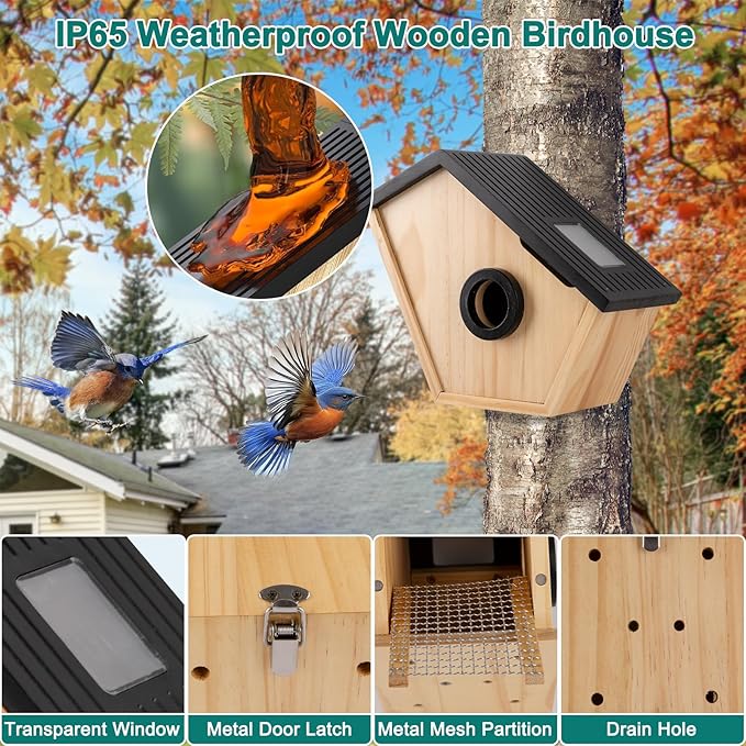 Smart Bird House with Camera,2K HD Bluebird House with Camera Solar Powered,Bird Watch Nesting and Hatching,Night Vision,2.4G WiFi & App Notification,Wooden Weatherproof Birdhouse with Camera Inside