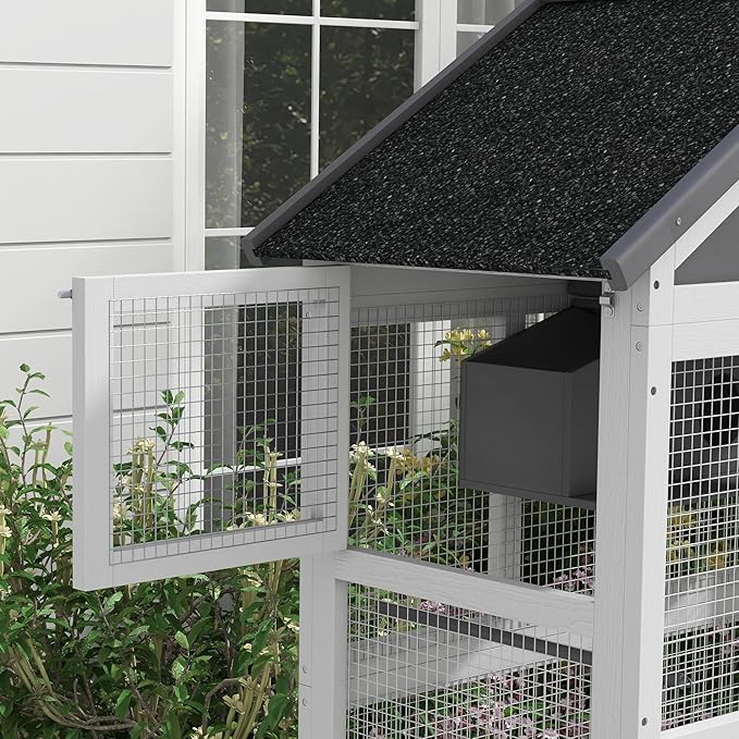 PawHut Wooden Bird Aviary, 67" Outdoor Bird Cage with Slide-Out Tray, Three Doors, Birdhouse, Ladder, Perches for Finches, Parakeets, Gray