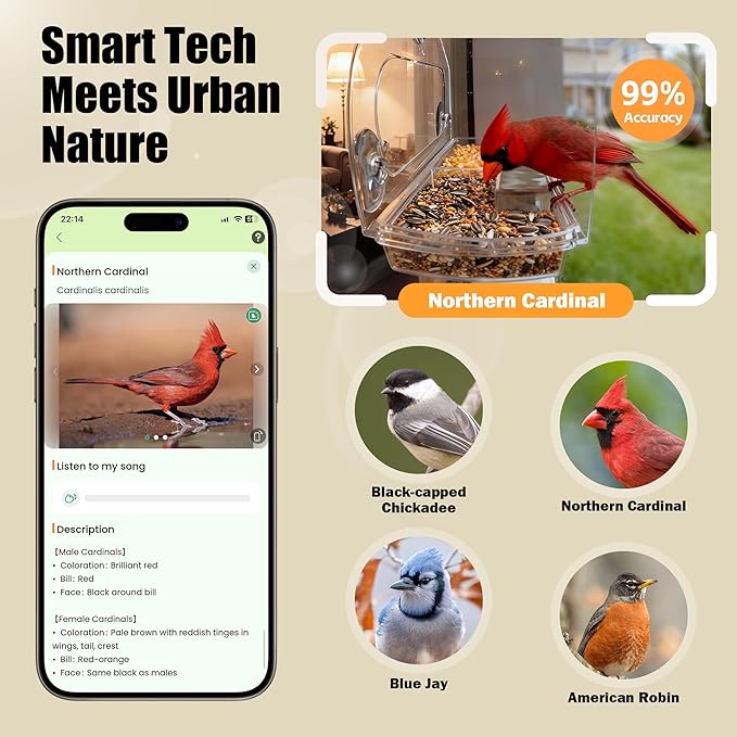 Smart Window Bird Feeder with 2K Camera & AI Identification, Strong Suction Cup Mount, All-Weather Design, Real-Time Alerts, Easy to Install, for Apartments & Homes, for Bird Lovers