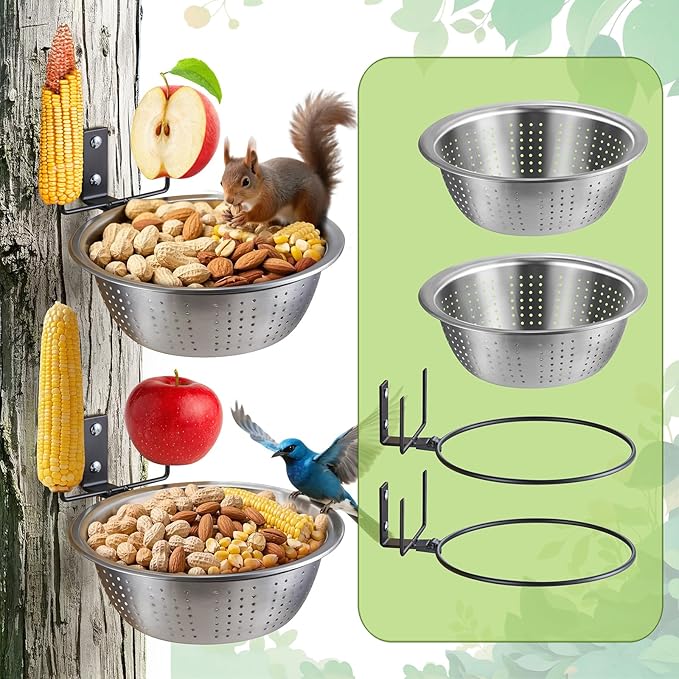 2 Pack Squirrel Feeders Tree/Fence Mounted, 8.5" Removable Colander Bowls (1.4L Each), 2 Corn Cob Spikes for Various Food, Perfect Metal Squirrel Feeders for Outside, Easy to Clean/Refill