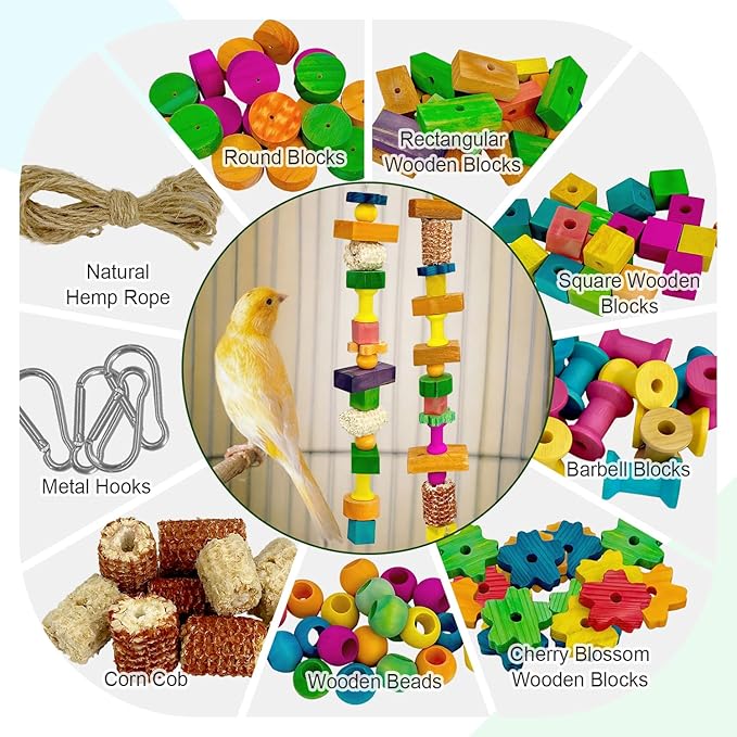 Parrot Toys Set,120 Pcs DIY Colorful Wooden Blocks & Corn Cob, Chew Training Enrichment Bird Toys for Large Cockatoos, Macaws, African Grey and Small Medium Parrots