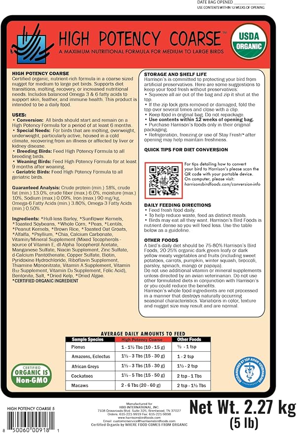 Harrison's Bird Foods High Potency Coarse—Maximum Nutritional Formula for Medium to Large Birds, Certified Organic Non-GMO Pet Bird Food, Vet-Developed, Suitable for All Life Stages, 2.27 kg/ 5 lb