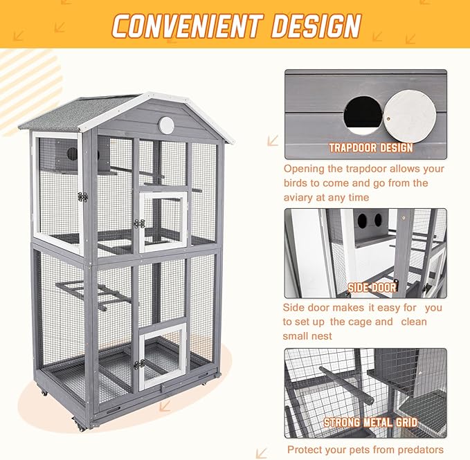 Ketive 65in Outdoor Bird Aviary with Wheels,Wooden Bird Cage Indoor Finches Cage Flight cage Wire Mesh,Easy Clean Tray Perches Nest Feeder