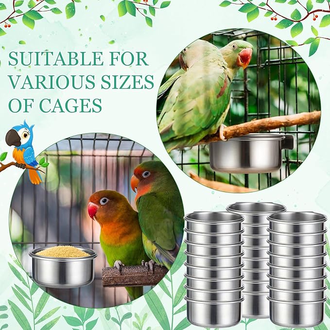 Ziliny 24 Pcs Stainless Steel Parrot Food Bowls Bulk 10 oz Bird Feeding Dish Cups for Cages Bird Bowls with Clamp Pet Water Feeders Cage Accessories for Parakeet Parrot Budgie Rabbit Chicken