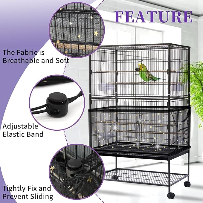 Daoeny 2Pcs Bird Cage Cover, Adjustable Bird Cage Seed Catcher, Large Soft Nylon Mesh Net with Twinkle Moon Star, Birdcage Cover Skirt Seed Guard for Parrot Parakeet Macaw Round Square Cages