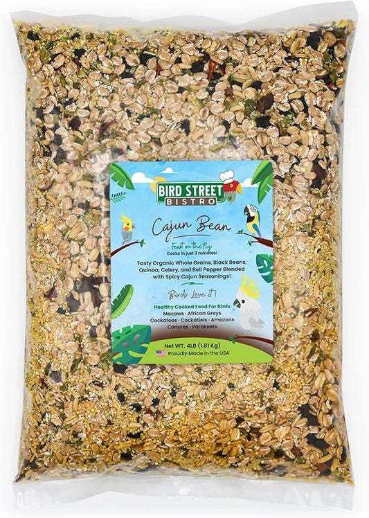 Parrot Parakeet Cockatiel Food - Bird Food - Cooks in 3-15 min with Natural Grains - Legumes - Non-GMO Fruits, Vegetables, & Health Orientated Spices (4.00 Pound (Pack of 1), Cajun Bean)
