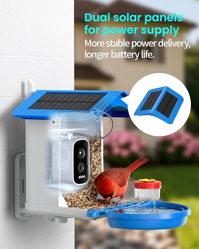 Smart Bird Feeder with Camera 2.5K QHD, AI Identify 16000+ Birds, Auto-Capture & Motion Detection, IP65 Waterproof, 5W Solar Panel, 140° Field of View, Bird Watching Gift