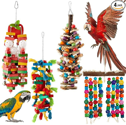 Seenelling 4 Pcs Extra Large Bird Parrot Toy Multicolored Natural Wooden Parrot Cage Chewing Toys for Large Medium Macaws Cockatoos African Grey Birds (Block and Ball)