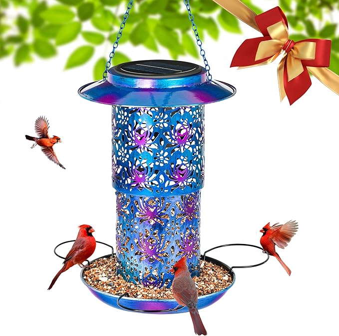 Ottsuls Solar Bird Feeder for Outdoors Hanging, Metal Wild Cardinals Garden Lantern Weatherproof, Decro Solar Birdfeeders as Gift Idea for Women Mom Grandma Bird Lovers (Update Version Blue)