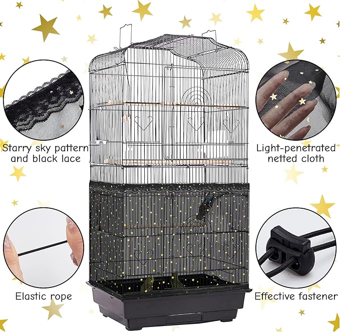 Shappy Large Bird Cage Cover Birdcage Nylon Mesh Net Cover Seed Feather Catcher Twinkle Star Universal Birdcage Cover Bird Seed Guard Skirt for Parakeet Macaw African Round Square Cage (Black, L)