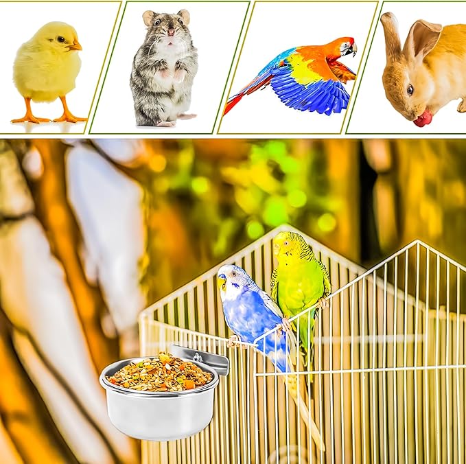 2 Pack Bird Feeding Bowls Cups Parrot Food Water Dishes, Stainless Steel Bird Bowl Cup Dish with Clamp, Birdcage Feeder Pet Cage Bowls for Cockatiel Budgie Conure Macaw Parakeet Small Animal