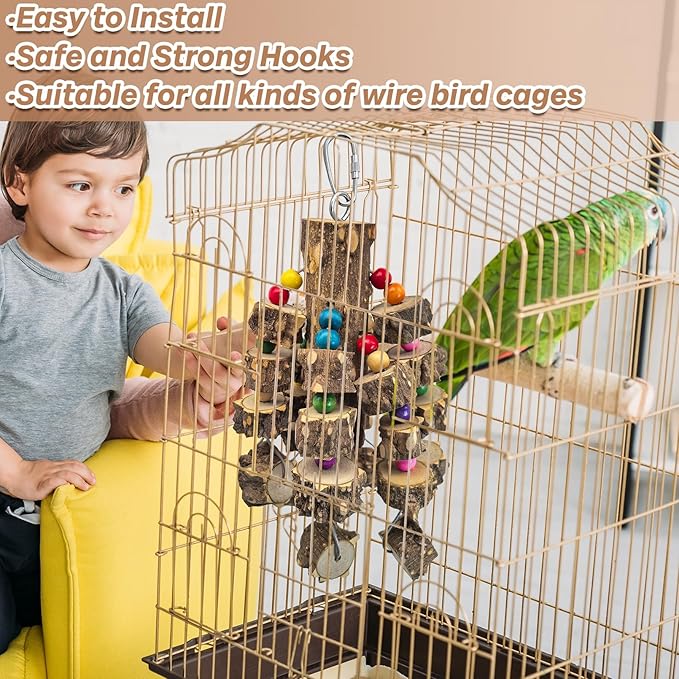 PINVNBY Wood Parrot Toys for Birds, Wire Link Durable Macaw Toys Large Natural Wooden Blocks Chew Toy for Small and Middle Parrots African Grey Macaws Cockatiels Eclectus