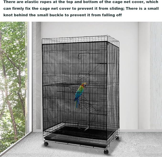 Adjustable Birdcage Seed Feather Catcher Bird Cage Net Cover Soft Skirt Guard Birdcage Nylon Mesh Netting for Parrot (118 x 39.4 Inch) (Black)